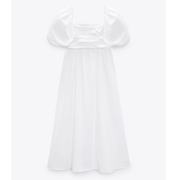 ZARA DRAPED WHITE PUFF SLEEVE DRESS 100% COTTON - Picture 1 of 4